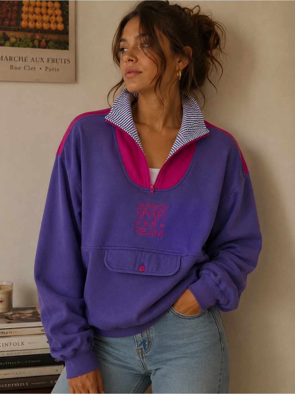 Vintage Gadabouts Purple and Pink Pullover Half Zip Sweatshirt
